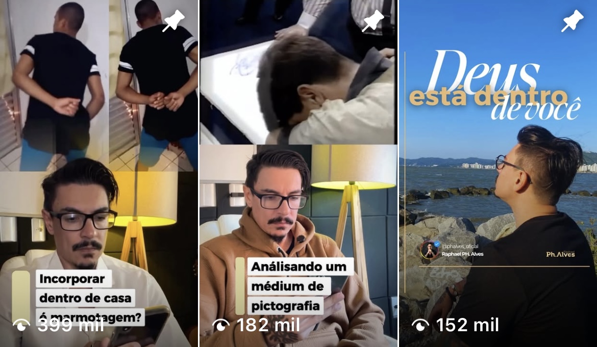Três reels fixados no perfil de um cliente, com 399 mil, 182 mil e 152 mil visualizações